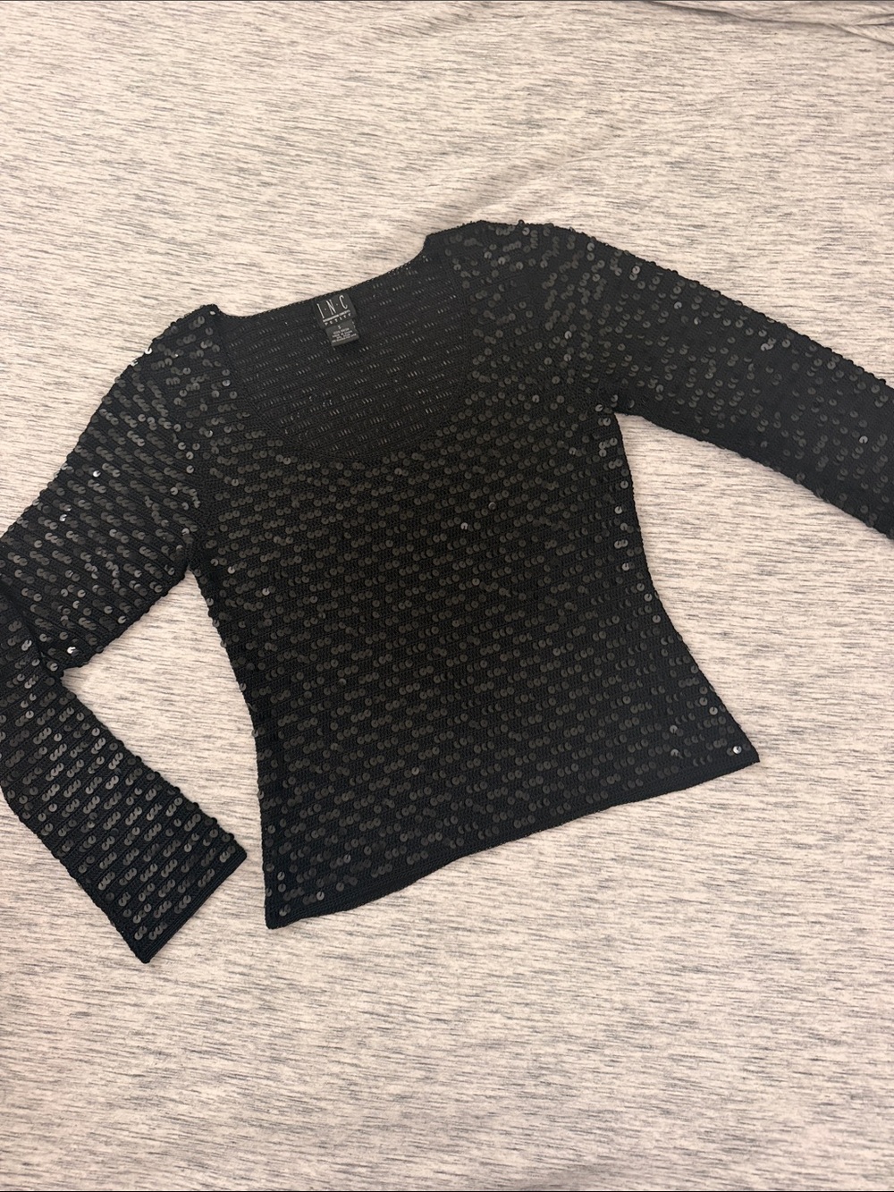 INC International Concepts Black Sequin Scoop Neck Long Sleeve Top